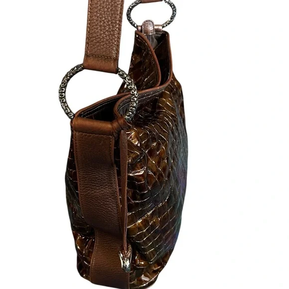 Brighton Bronze Patent Leather Croc Embossed Purse Shoulde Bag Hobo Tote
